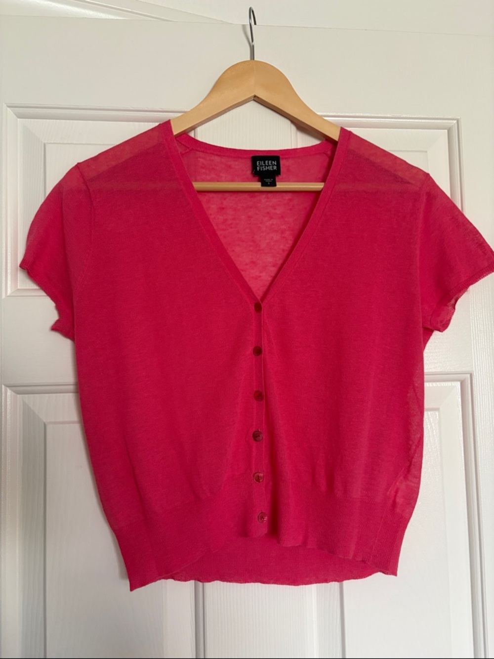Eileen Fisher Short Sleeve Button Hot Pink Cotton Linen Top Sz S